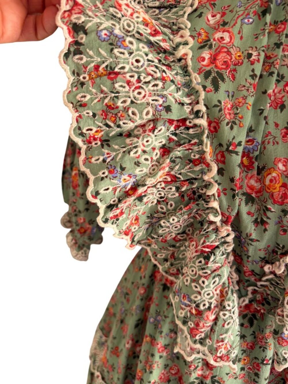 byTimo Womens Eyelet Lace Trim Ruffle Bodice Floral Mini Dress Size M Green Boho - Picture 6 of 10